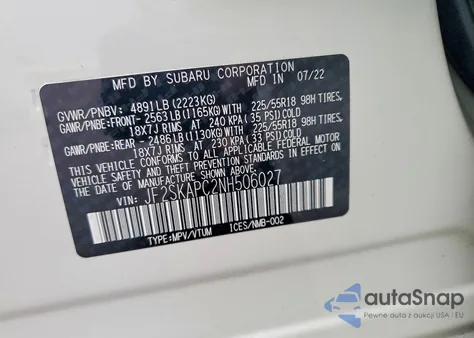 2022 Subaru Forester Limited z USA, uszkodzony, nr VIN JF2SKAPC2NH506027